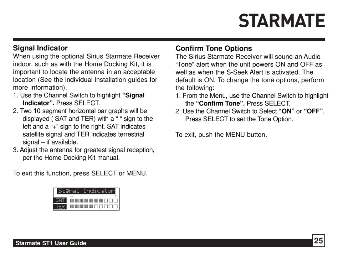 Sirius Satellite Radio ST1 manual Signal Indicator, Confirm Tone Options 