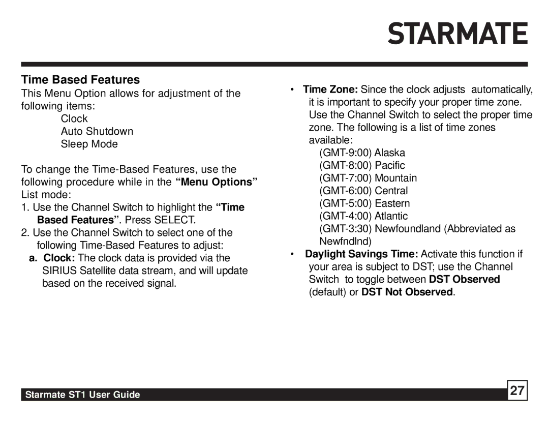 Sirius Satellite Radio ST1 manual Time Based Features 