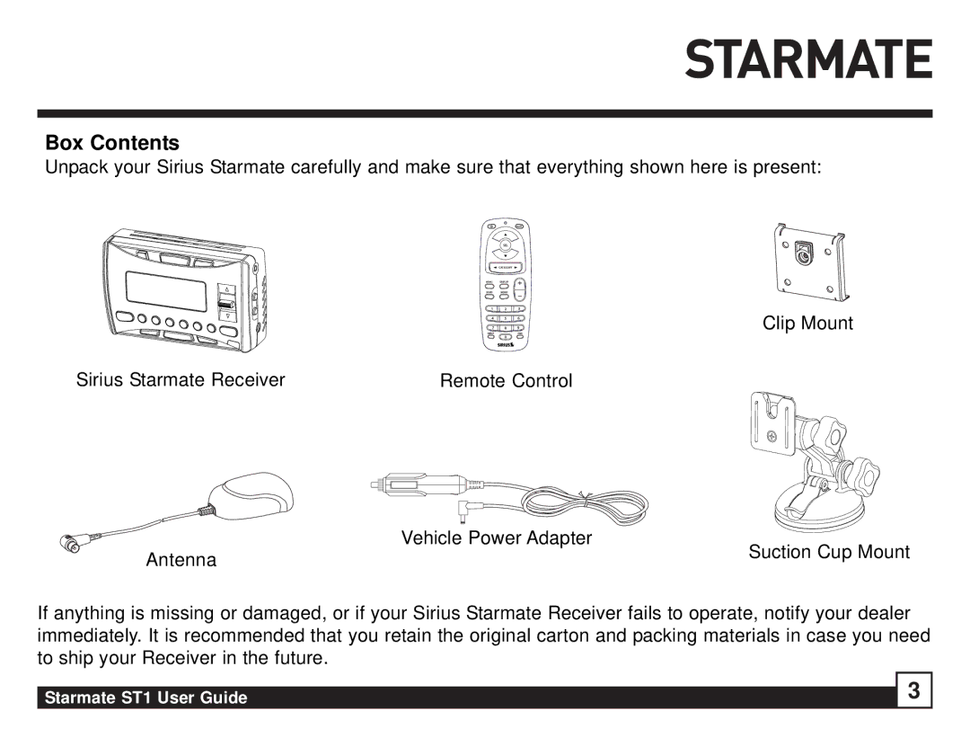 Sirius Satellite Radio ST1 manual Box Contents 