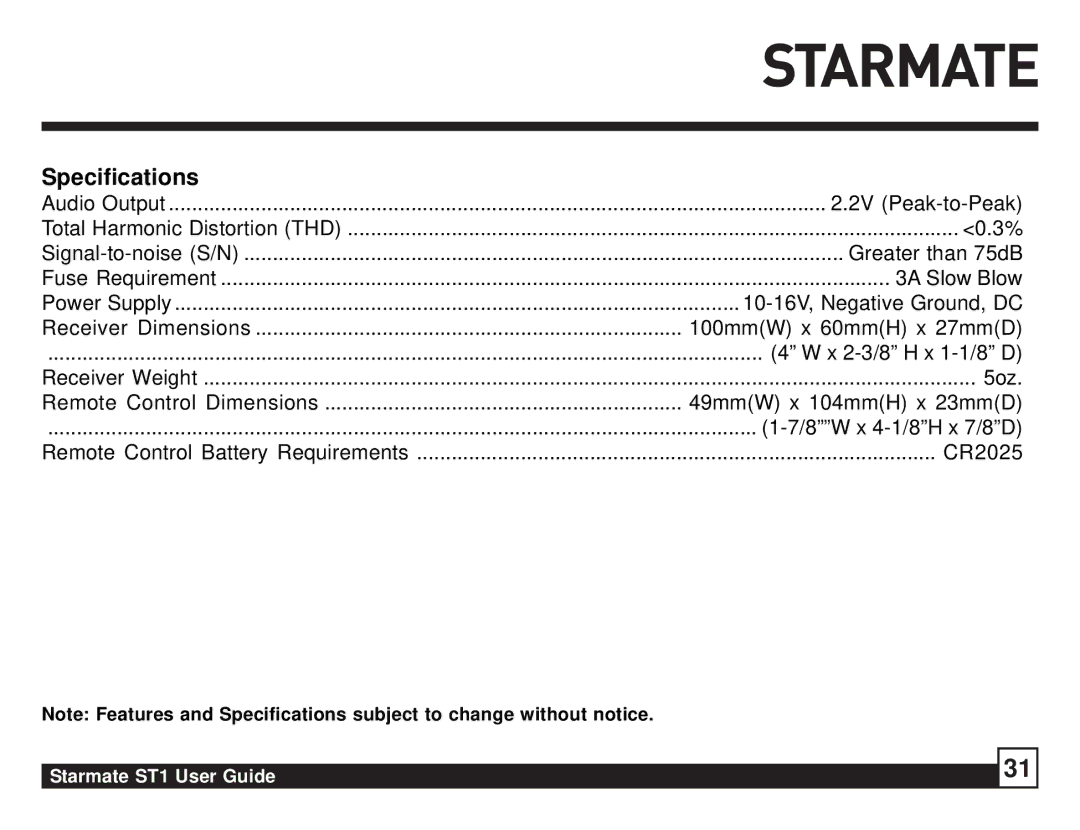 Sirius Satellite Radio ST1 manual Specifications 