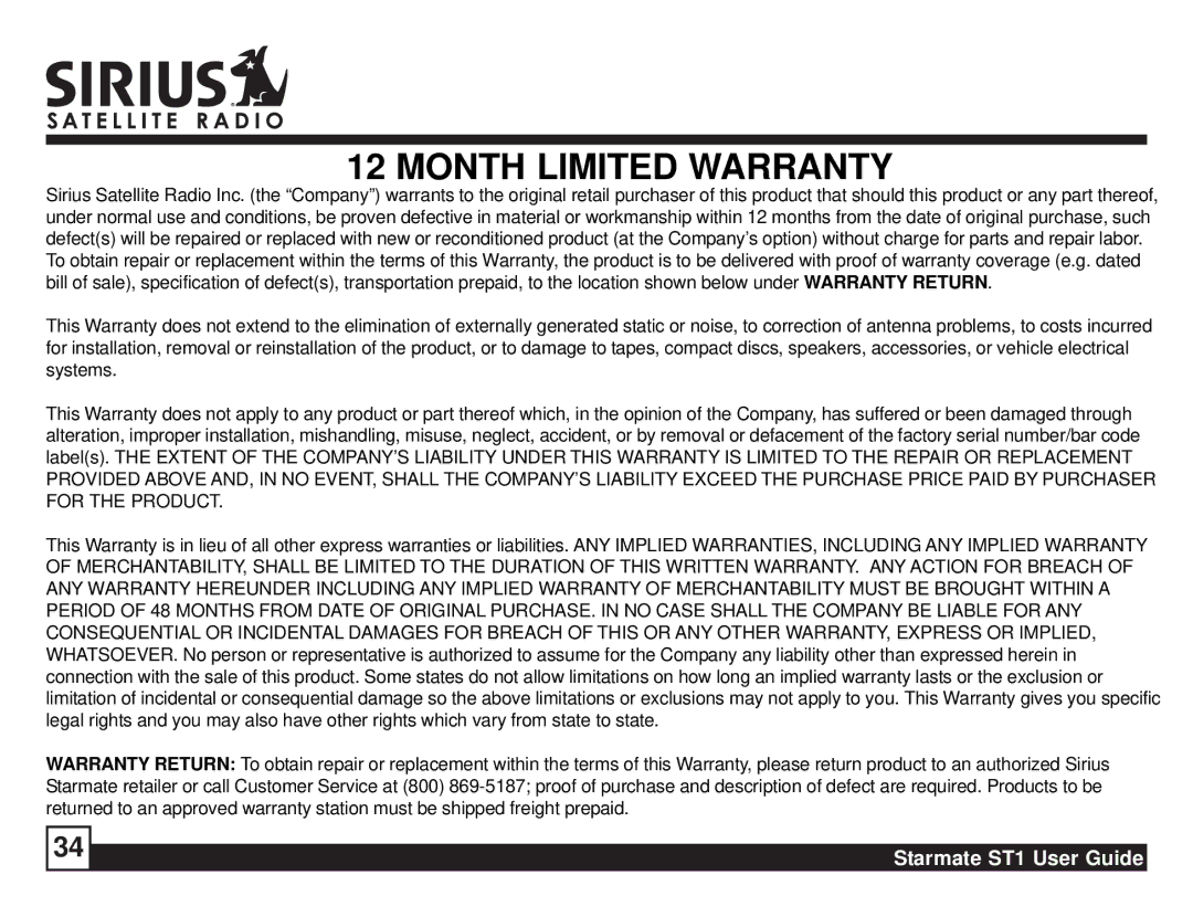 Sirius Satellite Radio ST1 manual Month Limited Warranty 