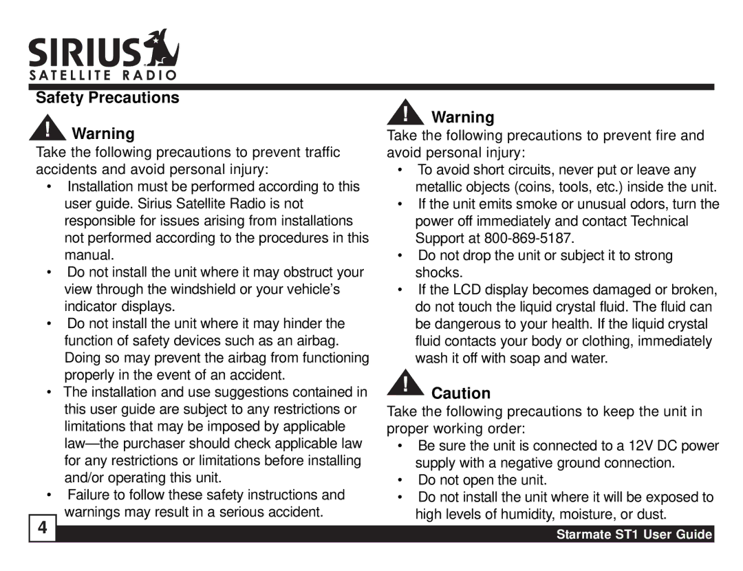 Sirius Satellite Radio ST1 manual Safety Precautions 