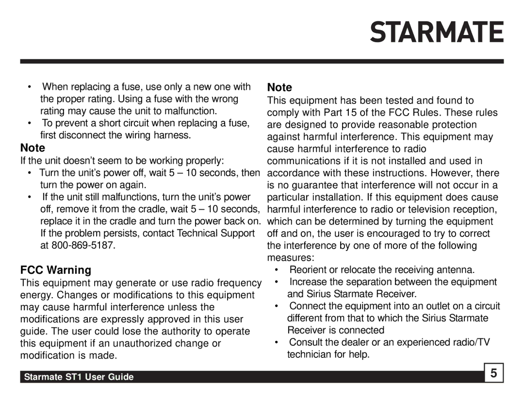 Sirius Satellite Radio ST1 manual FCC Warning 