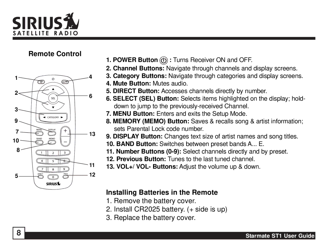 Sirius Satellite Radio ST1 manual Remote Control, Installing Batteries in the Remote 