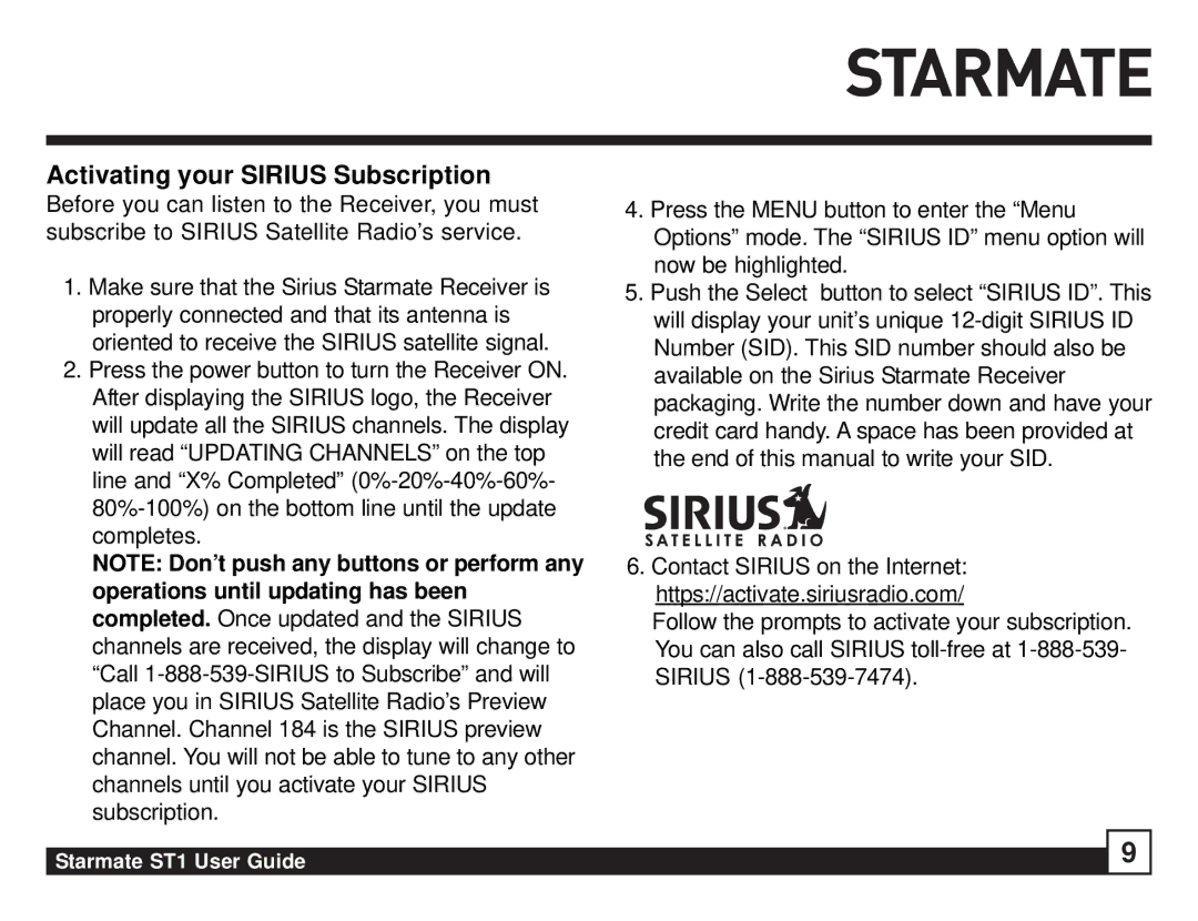 Sirius Satellite Radio ST1 manual Activating your Sirius Subscription 