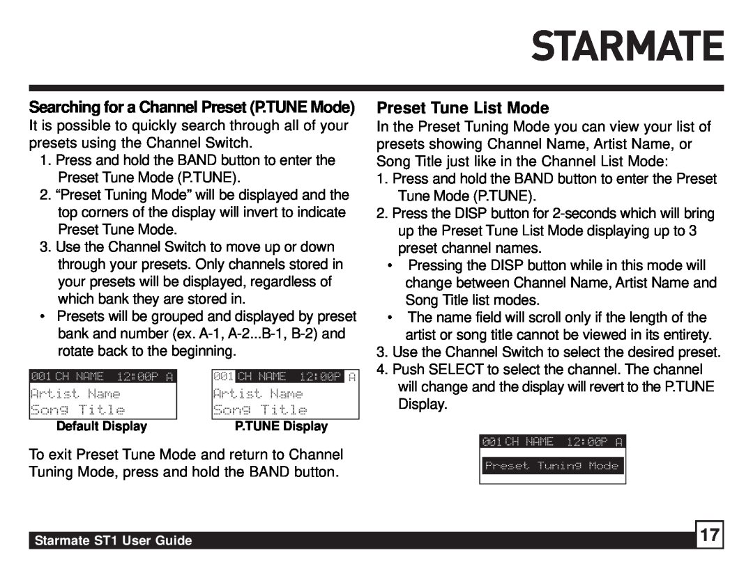 Sirius Satellite Radio ST1 manual Preset Tune List Mode, Searching for a Channel Preset P.TUNE Mode 