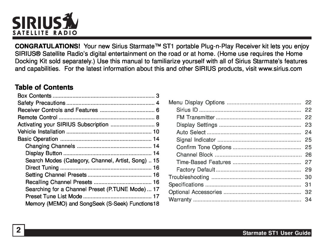 Sirius Satellite Radio manual Table of Contents, Starmate ST1 User Guide 