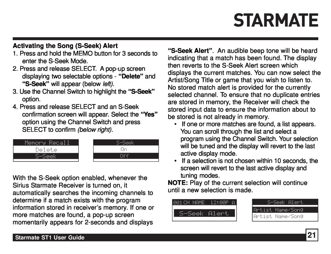 Sirius Satellite Radio ST1 manual Activating the Song S-SeekAlert 