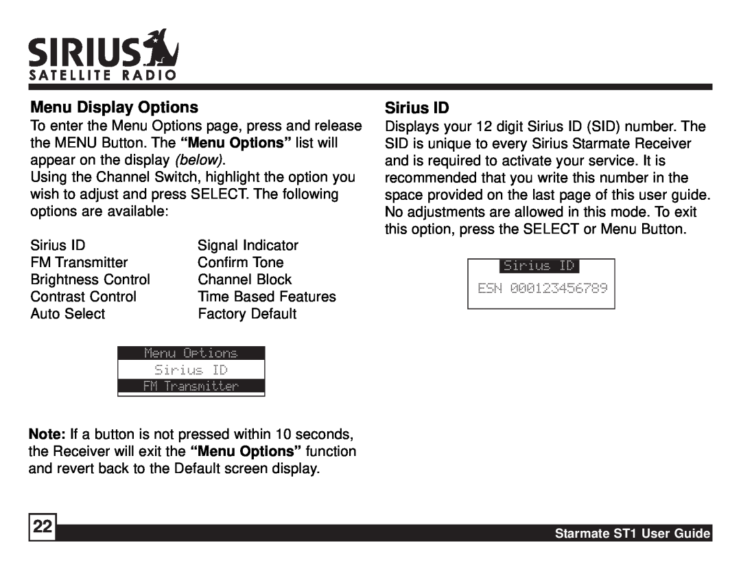 Sirius Satellite Radio ST1 manual Menu Display Options, Sirius ID 