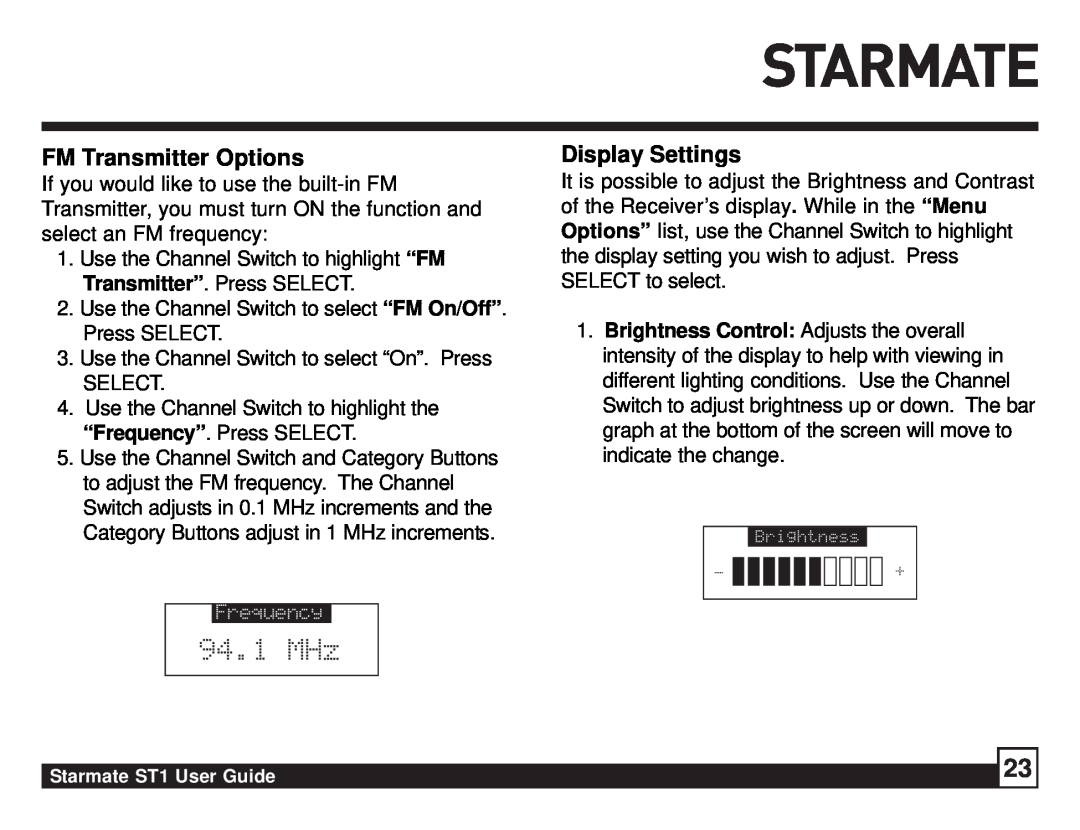 Sirius Satellite Radio ST1 manual FM Transmitter Options, Display Settings, 94.1 MHz 