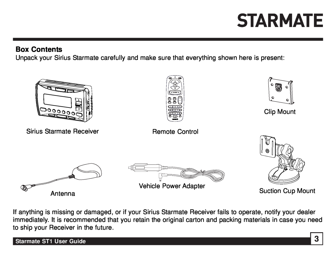 Sirius Satellite Radio ST1 manual Box Contents 