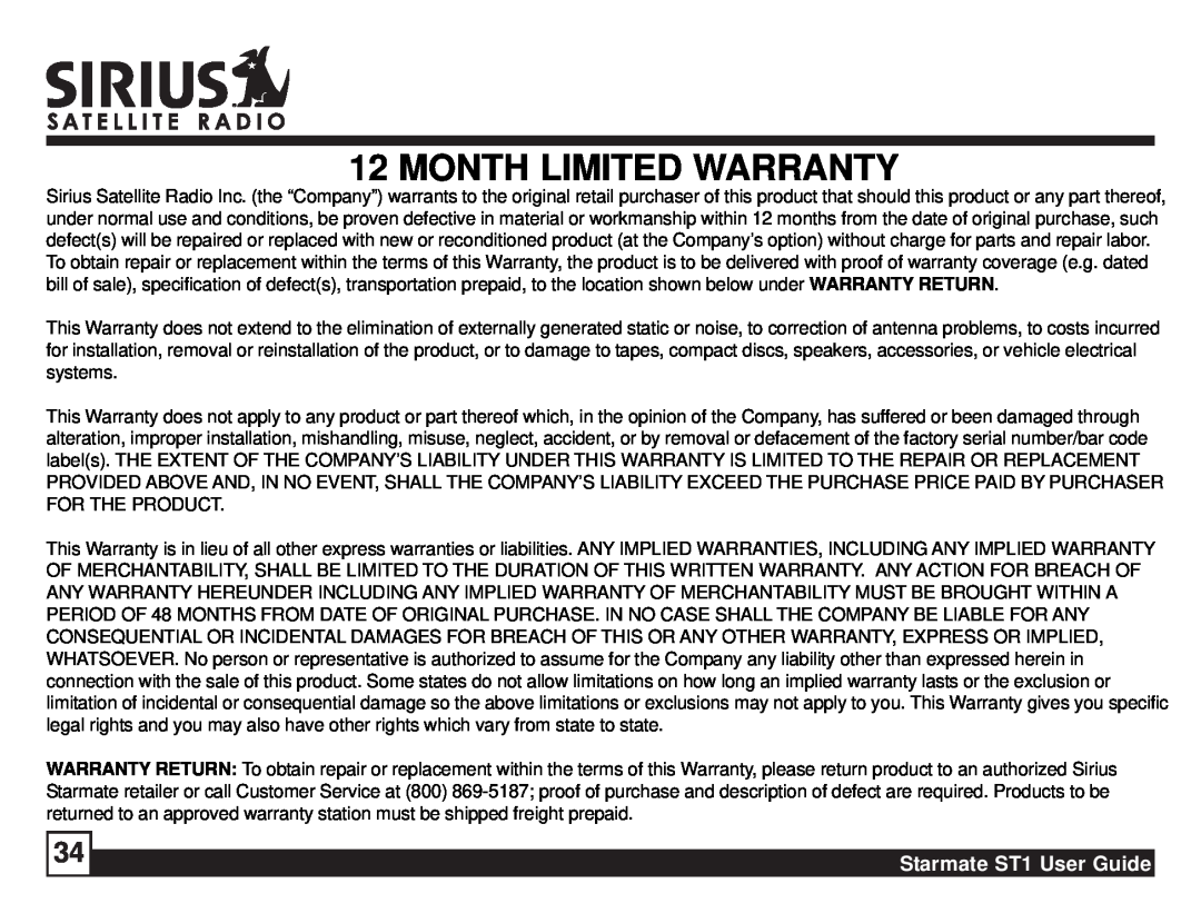 Sirius Satellite Radio manual Month Limited Warranty, Starmate ST1 User Guide 