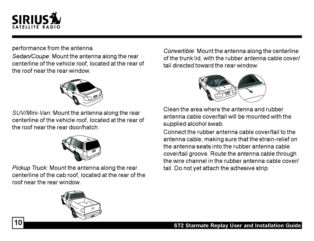 Sirius Satellite Radio manual ST2 Starmate Replay User and Installation Guide 