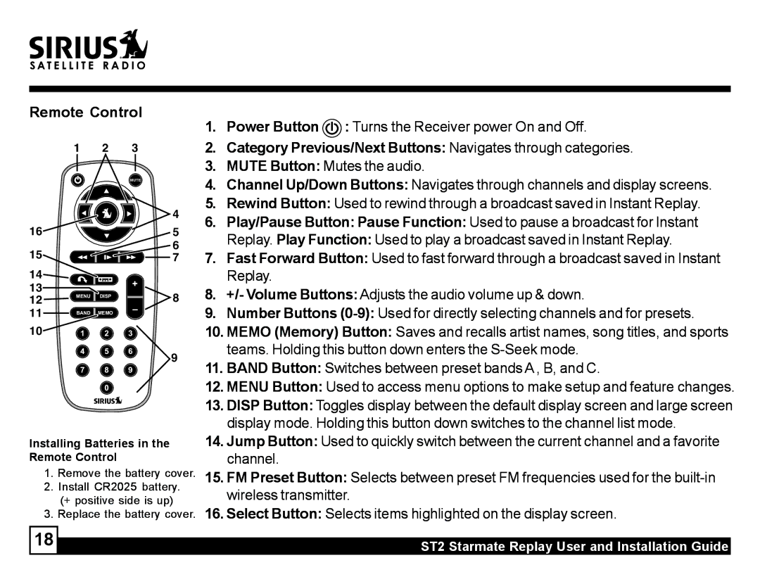 Sirius Satellite Radio ST2 Remote Control, Category Previous/Next Buttons Navigates through categories, Replay, Channel 