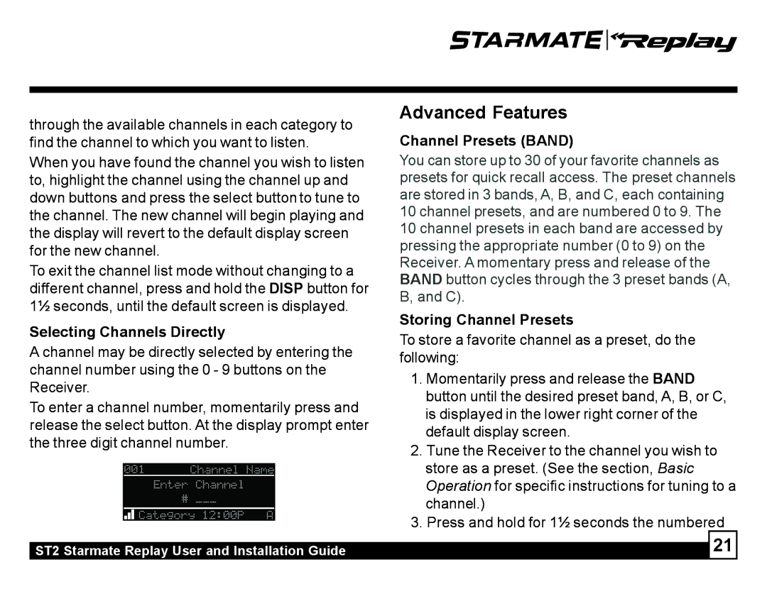 Sirius Satellite Radio ST2 manual Selecting Channels Directly, Channel Presets Band, Storing Channel Presets 