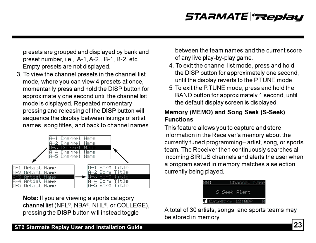 Sirius Satellite Radio ST2 manual Memory Memo and Song Seek S-Seek, Functions 