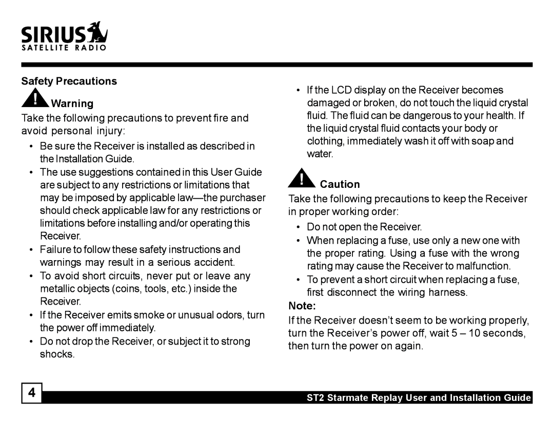 Sirius Satellite Radio ST2 manual Safety Precautions 