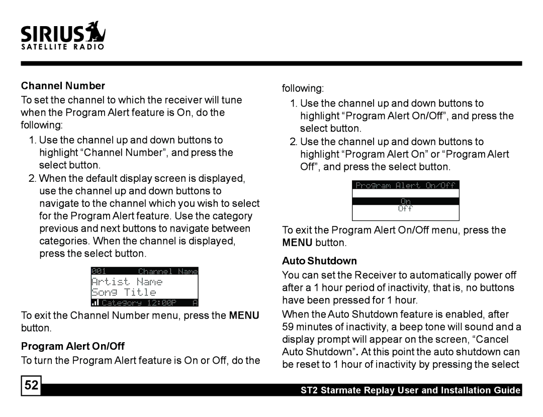 Sirius Satellite Radio ST2 manual Channel Number, Auto Shutdown, Program Alert On/Off 