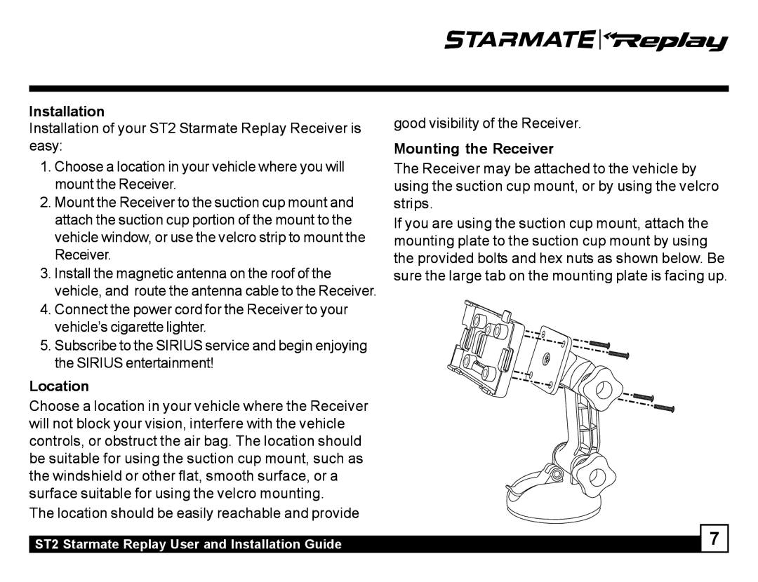 Sirius Satellite Radio ST2 manual Installation, Location, Mounting the Receiver 