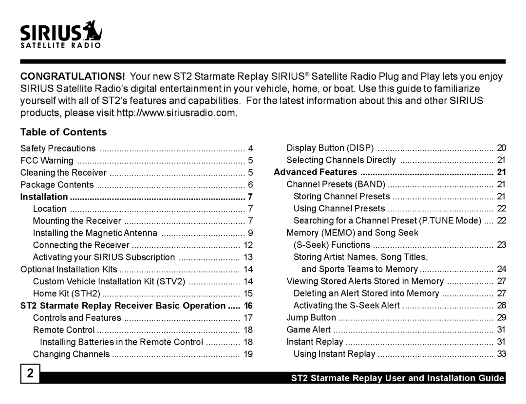 Sirius Satellite Radio ST2 manual Table of Contents 