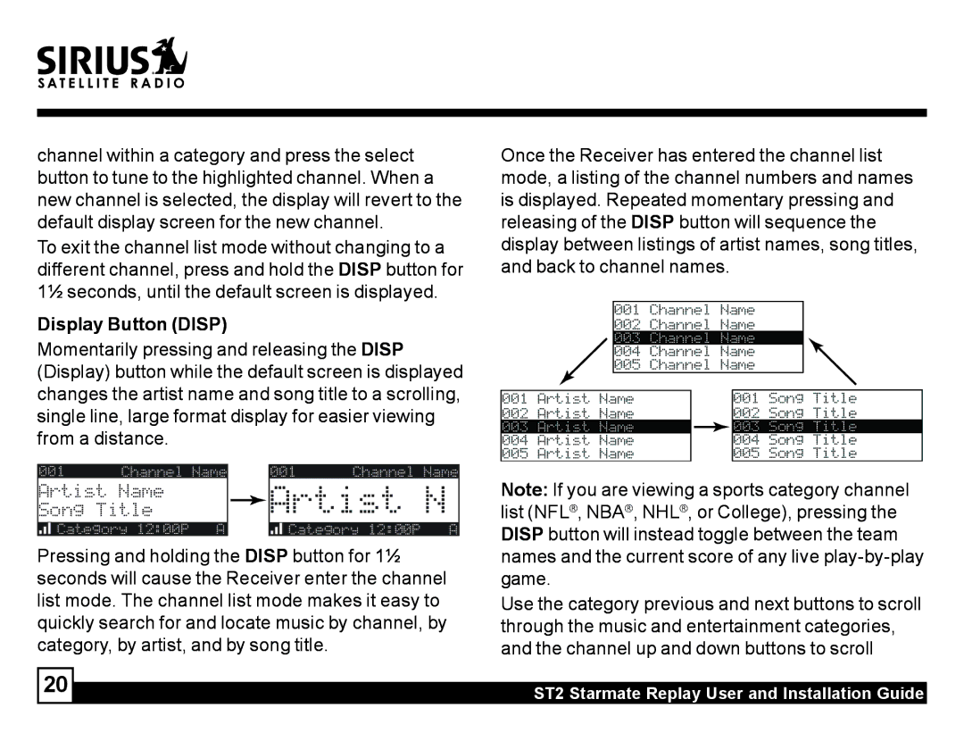 Sirius Satellite Radio ST2 manual Display Button Disp 