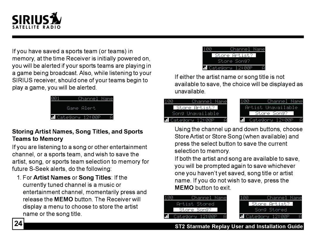 Sirius Satellite Radio ST2 manual Storing Artist Names, Song Titles, and Sports, Teams to Memory 