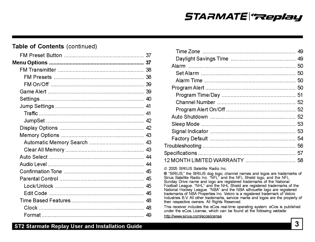 Sirius Satellite Radio manual ST2 Starmate Replay User and Installation Guide 