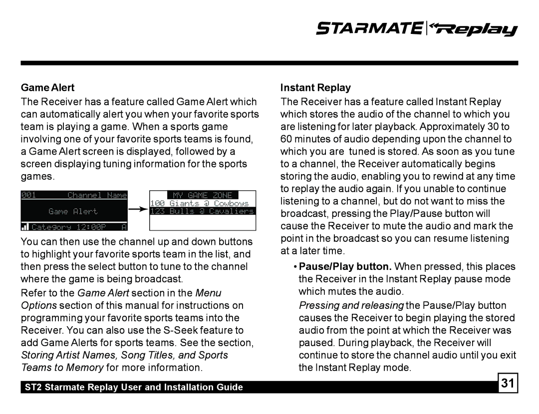 Sirius Satellite Radio ST2 manual Game Alert, Instant Replay 