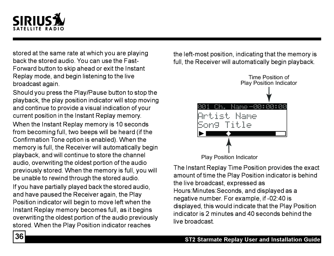 Sirius Satellite Radio ST2 manual Artist Name 