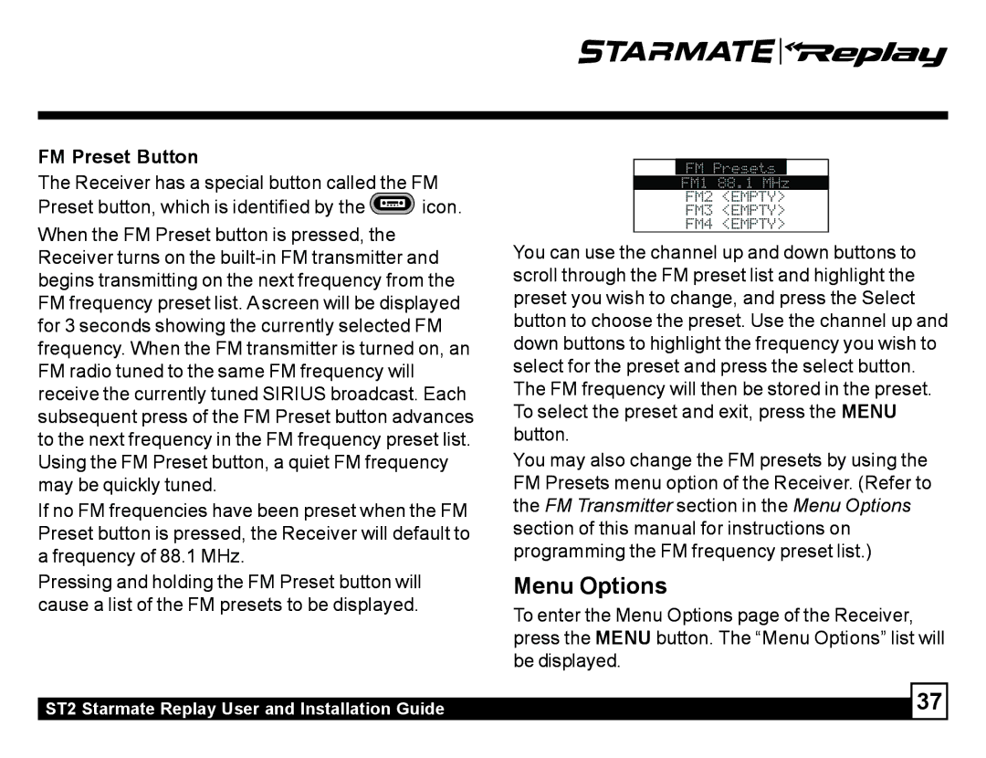 Sirius Satellite Radio ST2 manual Menu Options, FM Preset Button 