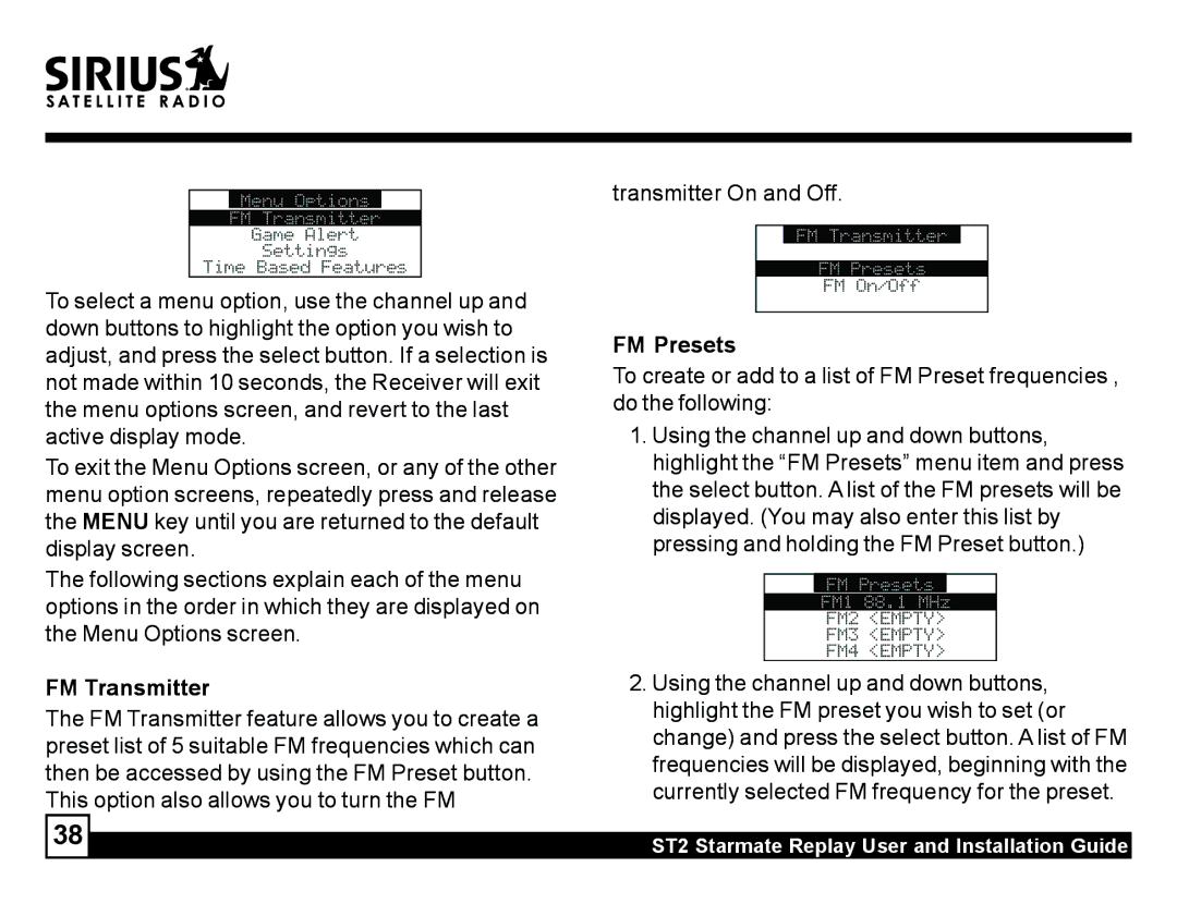 Sirius Satellite Radio ST2 manual FM Presets, FM Transmitter 