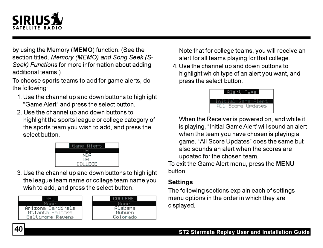 Sirius Satellite Radio ST2 manual Settings, Following sections explain each of settings 