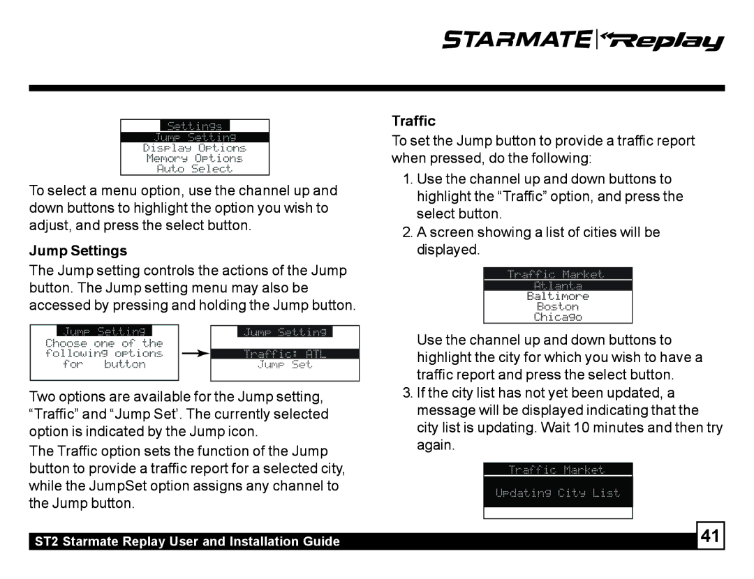 Sirius Satellite Radio ST2 manual Jump Settings, Traffic 