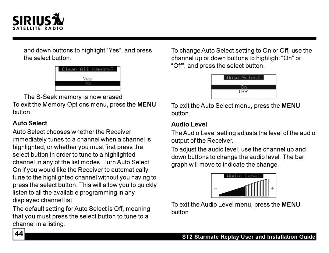 Sirius Satellite Radio ST2 manual Down buttons to highlight Yes, and press the select button, Auto Select, Audio Level 