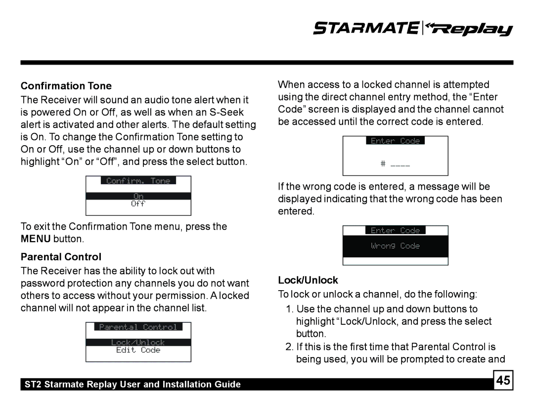 Sirius Satellite Radio ST2 To exit the Confirmation Tone menu, press the Menu button, Parental Control, Lock/Unlock 