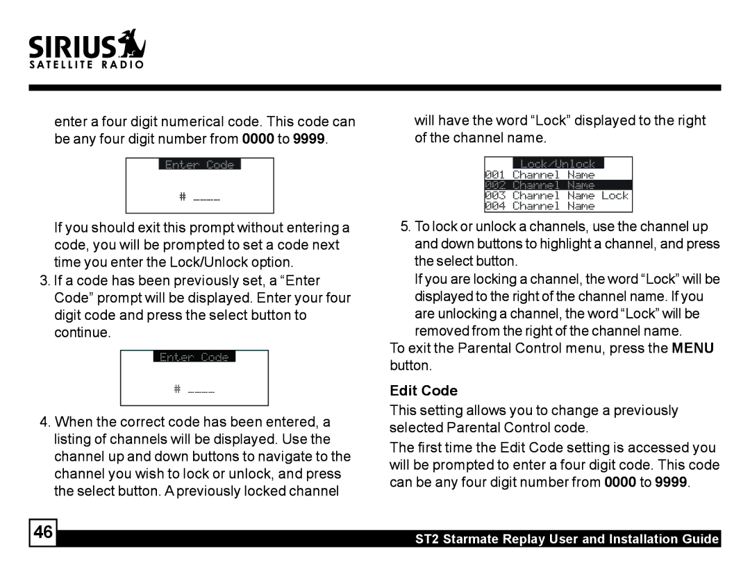 Sirius Satellite Radio ST2 manual Edit Code 