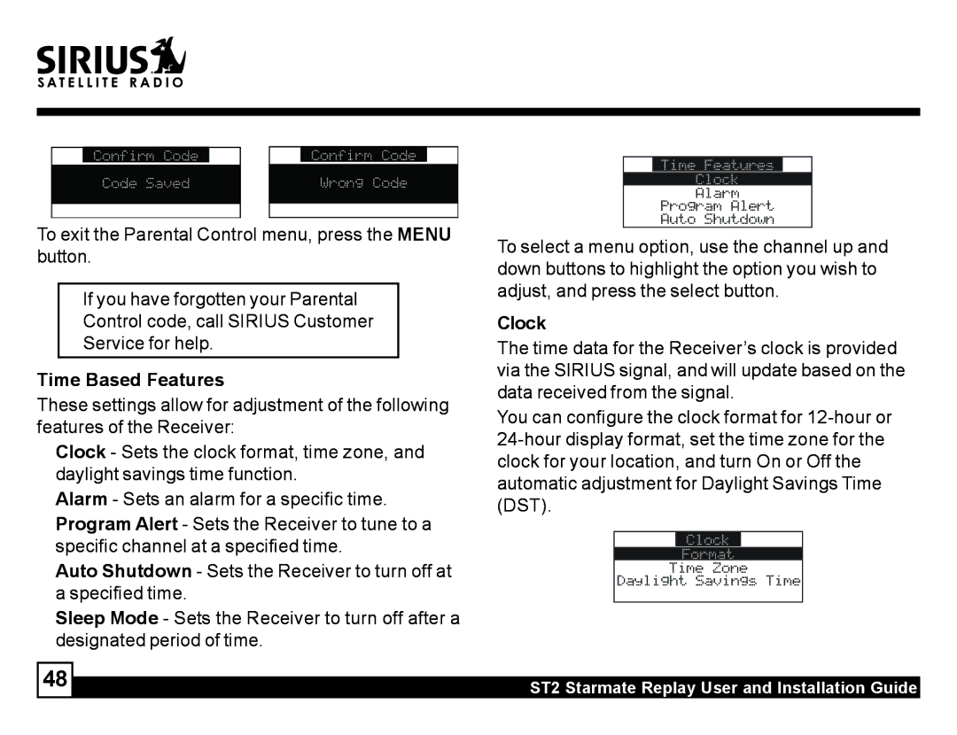 Sirius Satellite Radio ST2 manual Time Based Features, Clock 