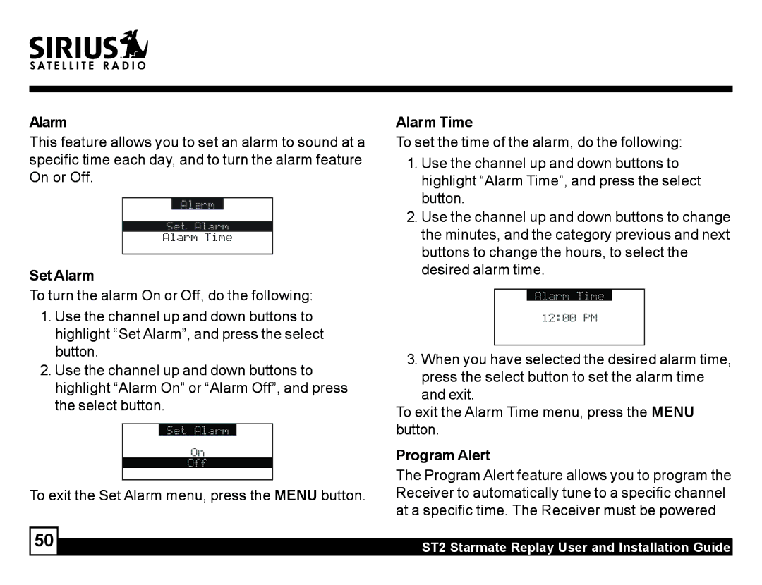 Sirius Satellite Radio ST2 manual Alarm Alarm Time, Set Alarm, Program Alert 