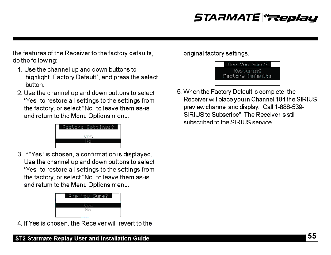 Sirius Satellite Radio ST2 manual Restore Settings? 