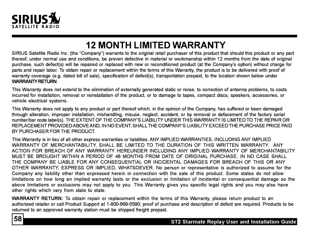 Sirius Satellite Radio ST2 manual Month Limited Warranty 