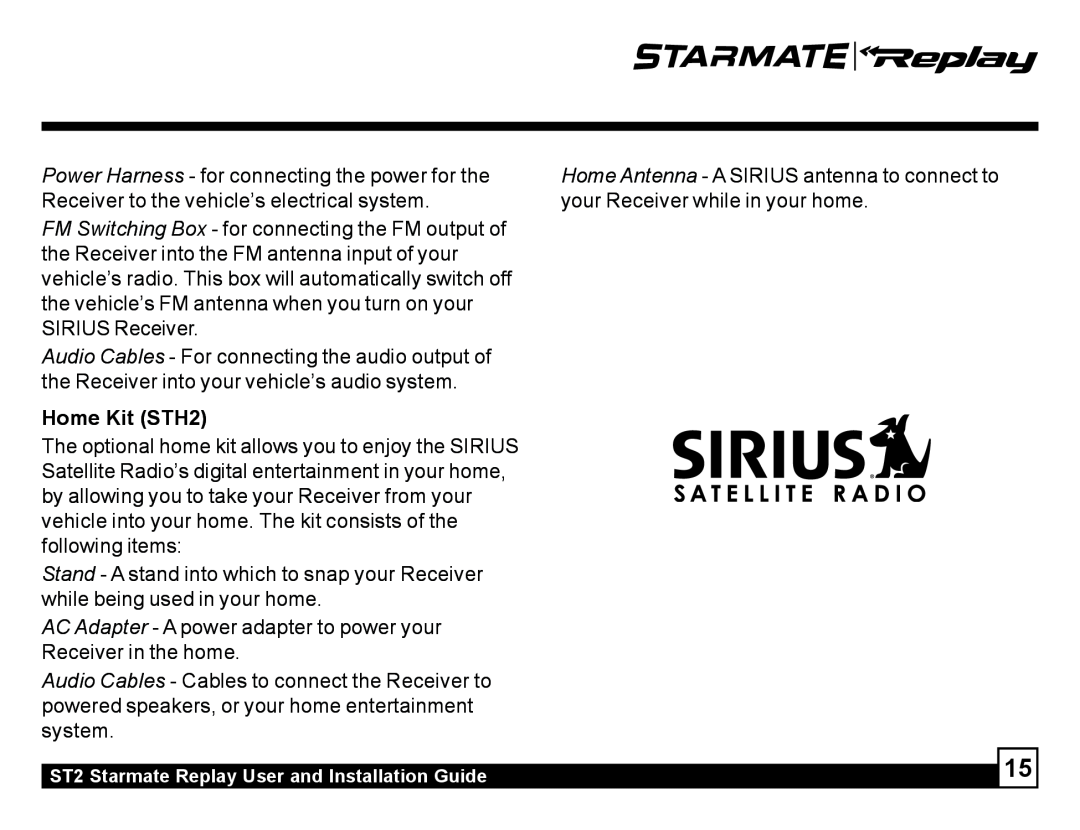 Sirius Satellite Radio ST2 manual Home Kit STH2 
