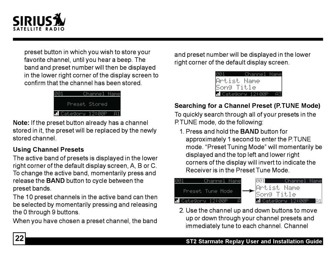 Sirius Satellite Radio ST2 manual Using Channel Presets, Searching for a Channel Preset P.TUNE Mode 