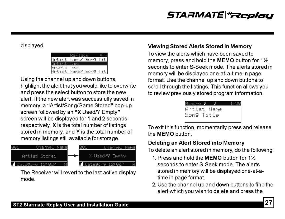 Sirius Satellite Radio ST2 manual Viewing Stored Alerts Stored in Memory, Deleting an Alert Stored into Memory 