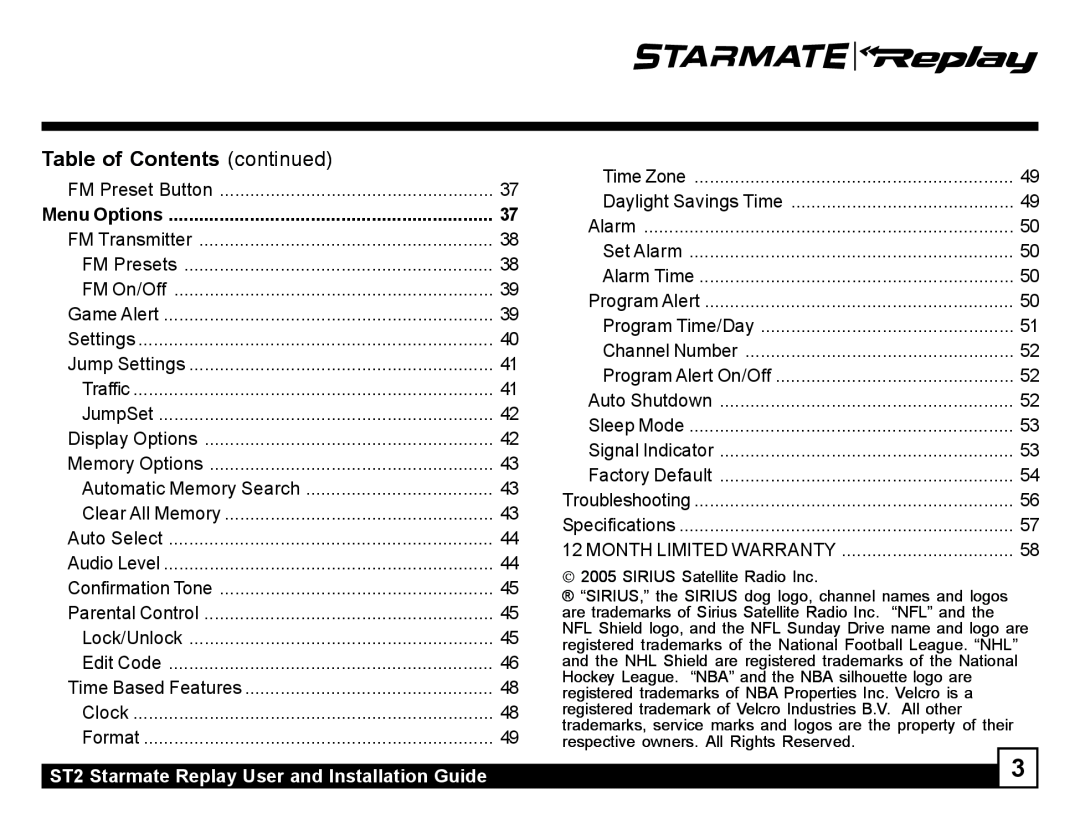 Sirius Satellite Radio manual Table of Contents continued, ST2 Starmate Replay User and Installation Guide 