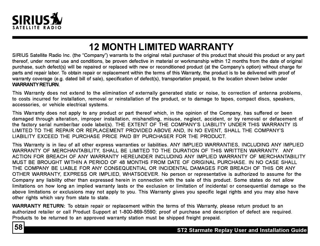 Sirius Satellite Radio manual Month Limited Warranty, ST2 Starmate Replay User and Installation Guide, Warrantyreturn 