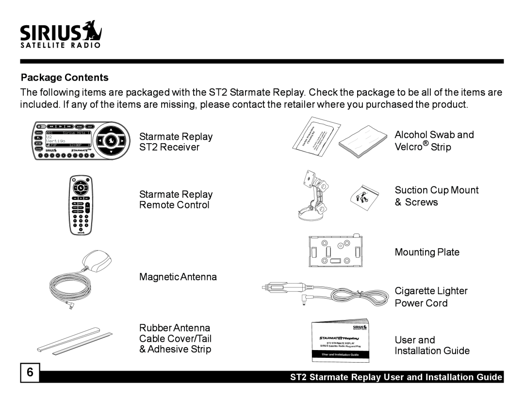 Sirius Satellite Radio ST2 manual Package Contents 