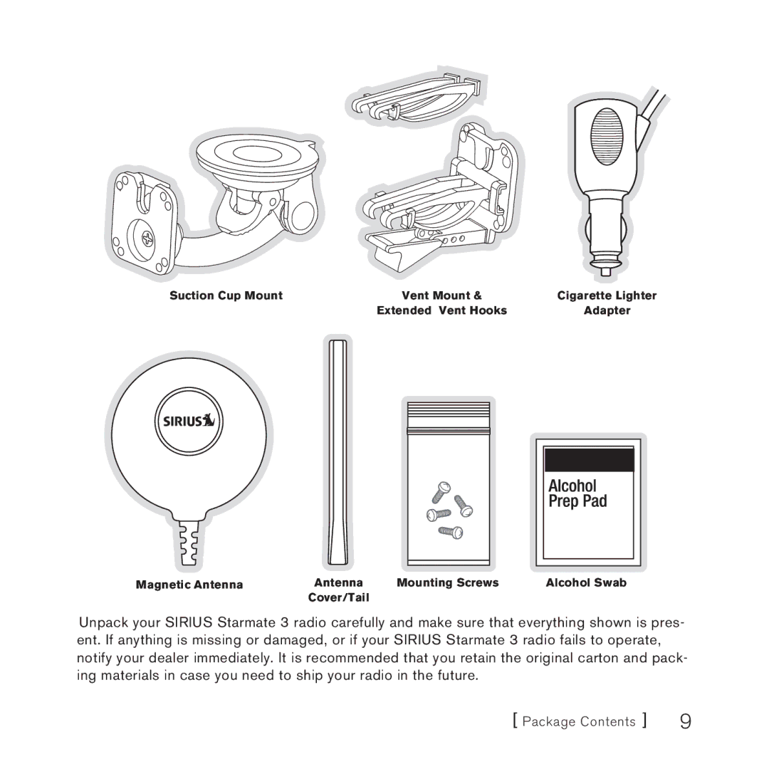 Sirius Satellite Radio STARMATE 3 manual Package Contents 