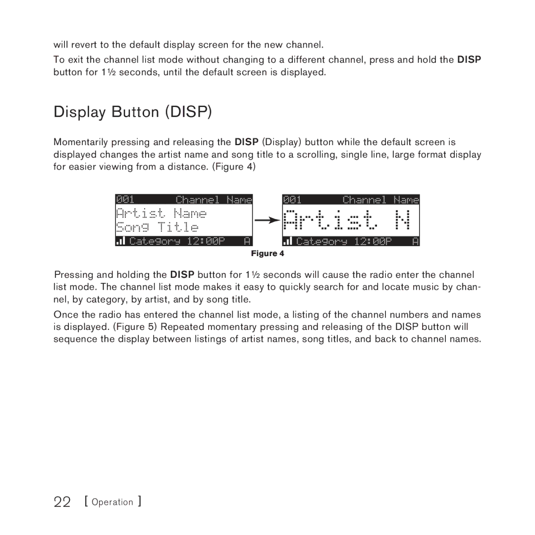 Sirius Satellite Radio STARMATE 3 manual Artist N, Display Button Disp 