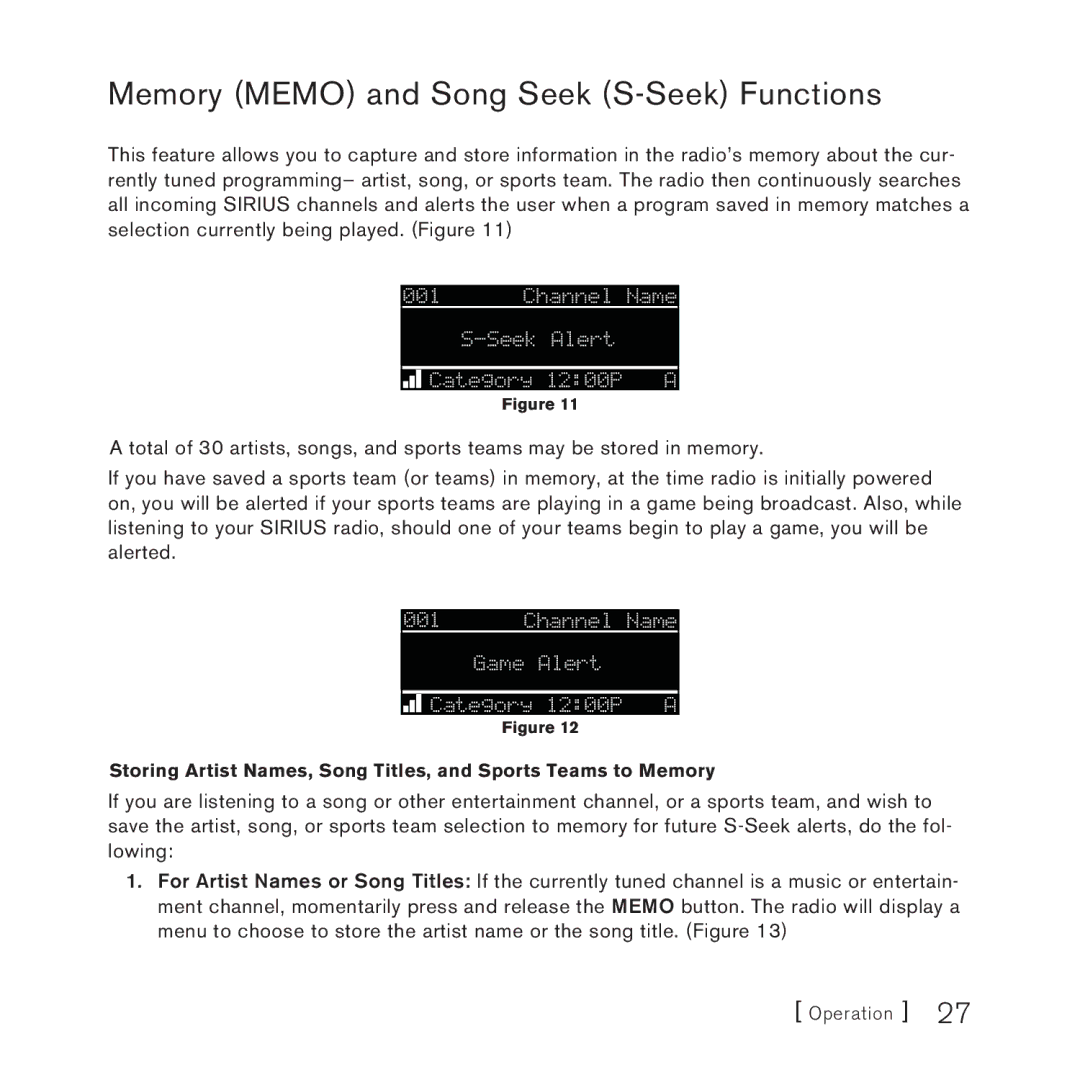 Sirius Satellite Radio STARMATE 3 manual Memory Memo and Song Seek S-Seek Functions 