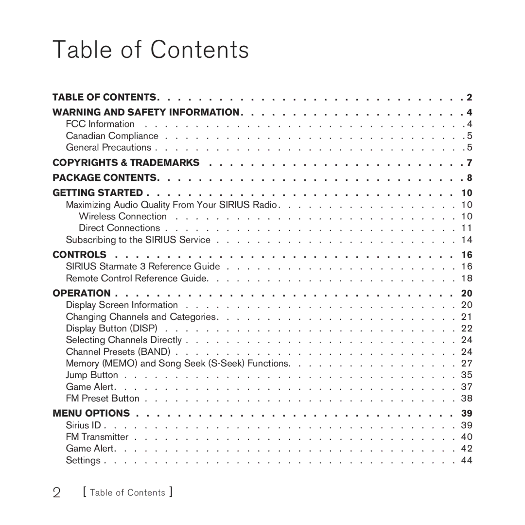 Sirius Satellite Radio STARMATE 3 manual Table of Contents 